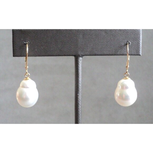 Big Luminous Baroque PEARL EARRINGS 14K Yellow GOLD Lever Back 1.25" Dangle - Picture 4 of 8